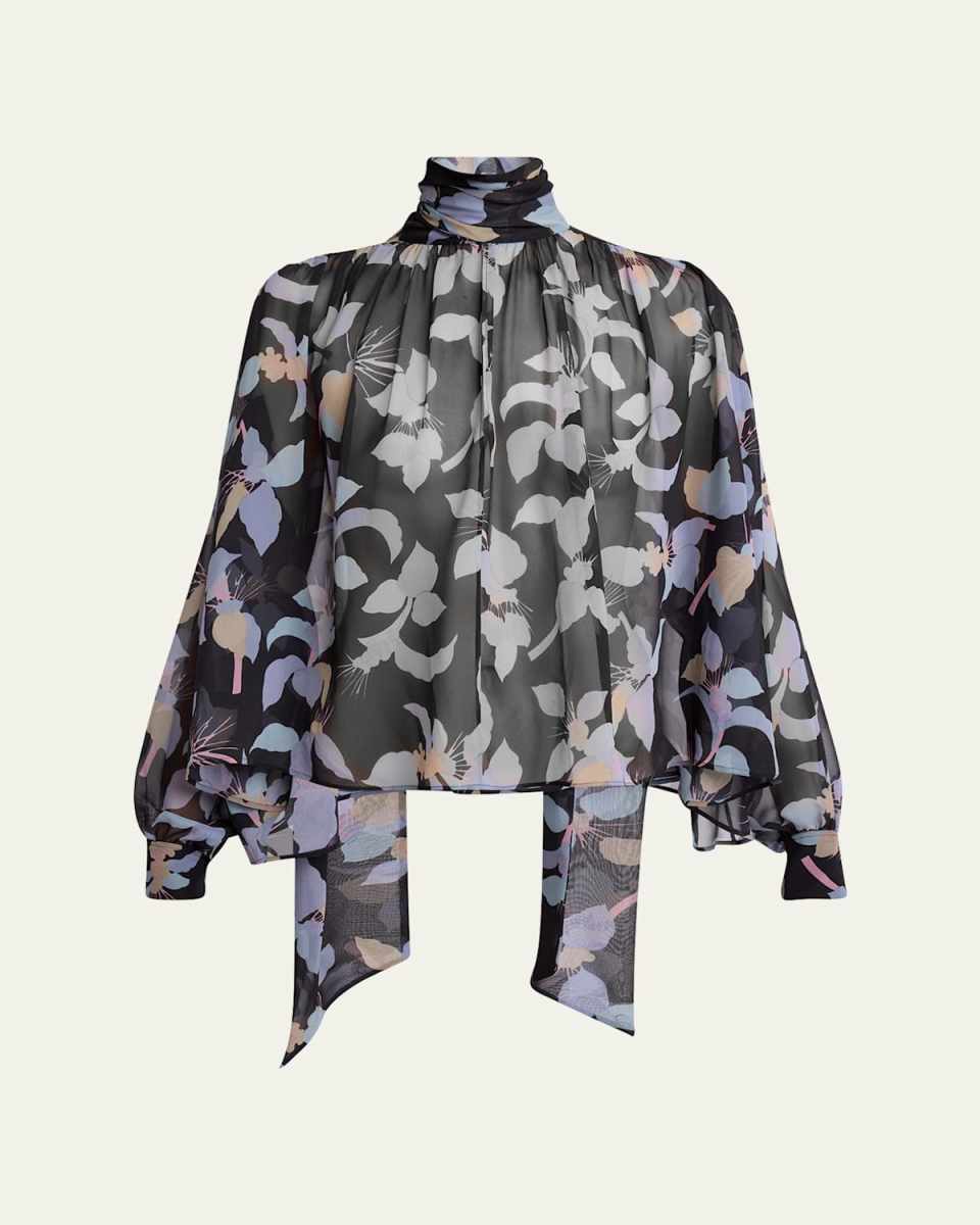 Floral-Print Chiffon Neck-Scarf Top